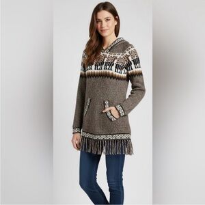 Alpaca Wool Sweater Women’s S Hooded Aztec Brown Fringe Sweater